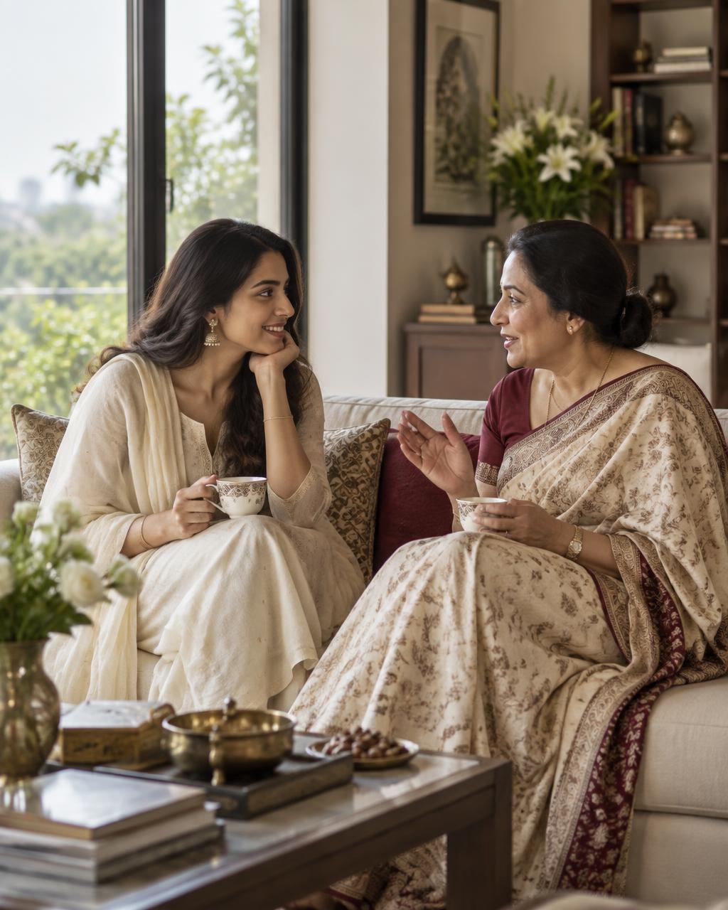 Indian mother and daughter sharing a thoughtful conversation at home